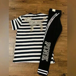 PINK VS STRIPE BLING DOGGIE TSHIRT/
CAMPUS  LEGGINGS OUTFIT L